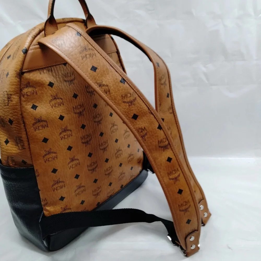 Authentic MCM BackPack Bag  Black Tan White leather pvc